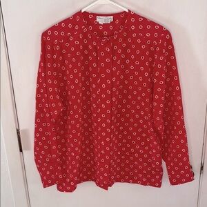 Vintage Oscar de la Renta red long sleeve blouse with white circle print Size 14